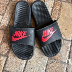 Nike Benassi JDI Black Slide Sandals with Red Swoosh Accent